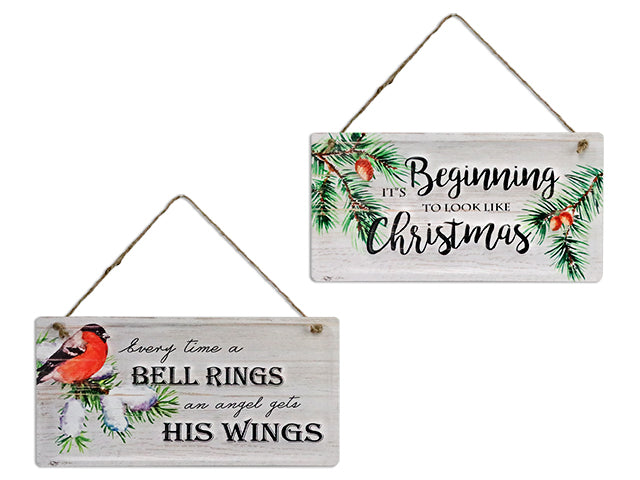11.75in x 5-7/8in Xmas Embossed Metal Old Fashion Signs - PINE / BIRD. 2 Asst.Styles. Cht.
