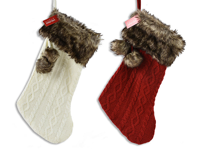Christmas Deluxe Knitted Stocking With Pom Pom And Fur Fold Over Cuff