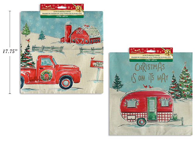 Christmas Vintage Truck Jute Cushion Cover