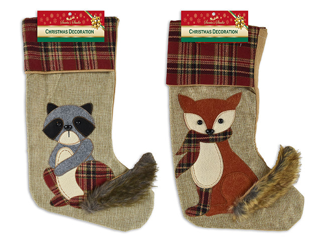 Christmas Canvas 3D Felt Racoon Or Fox Stocking With Fur Tail And Plaid Fold Over Cuff