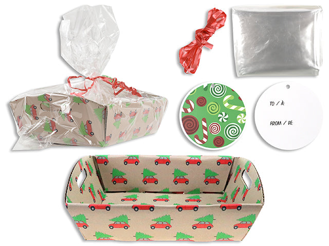 10.5in Xmas TRUCK Paper Gift Tray Kit. Incl: Cello Bag / Ribbon Tie / Gift Tag.