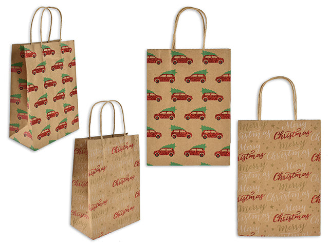 2Pk Glitter Xmas Truck Kraft Giftbag - Medium. Brown Kraft W/Twisted Brown Paper Handle. H/C.