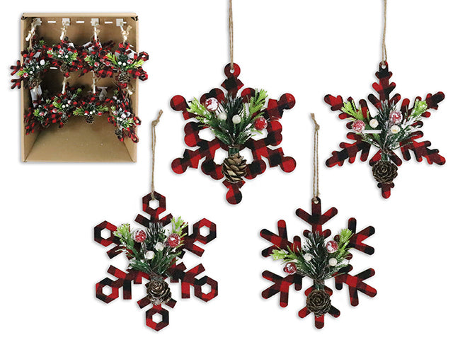 4.5In X 5-1/8In Xmas Buffalo Plaid Snowflake Ornament In Display. 4 Asst.Styles. Cht. 64/Dsp.