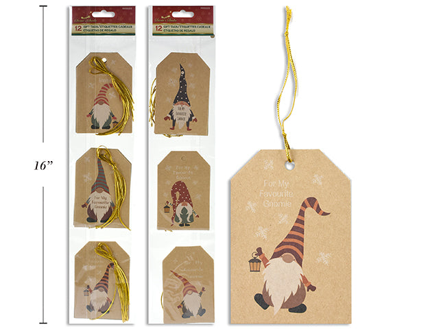 12pk 4in x 2.75in Die-Cut Xmas Gnome Gift Tags. 2 Asst.Styles. Pbh.
