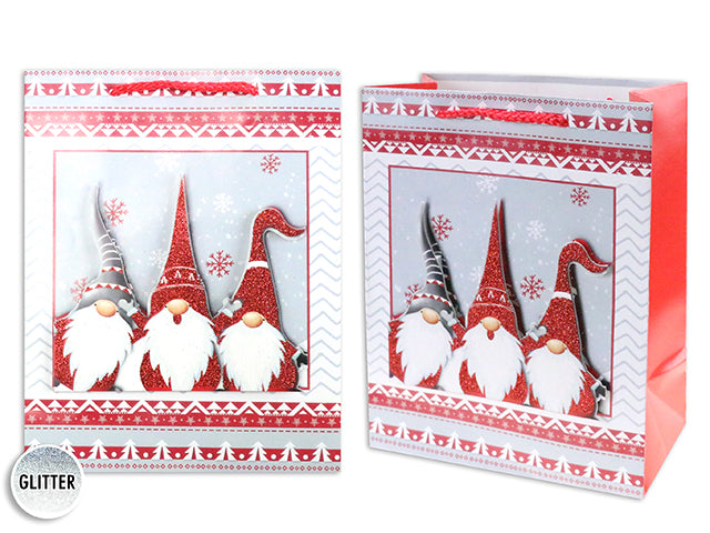 Christmas Matte Tip On Gnome Medium Gift Bag With Glitter