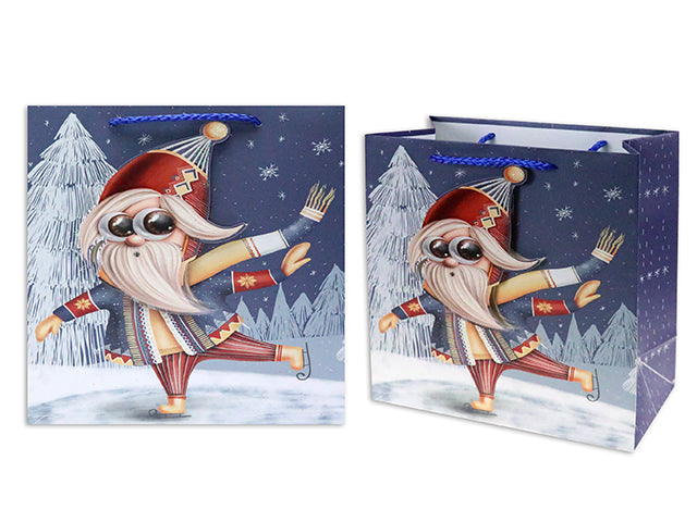 Christmas Matte Skating Gnome Small Gift Bag With Glitter
