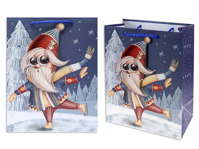 Christmas Matte Skating Gnome Medium Gift Bag With Glitter