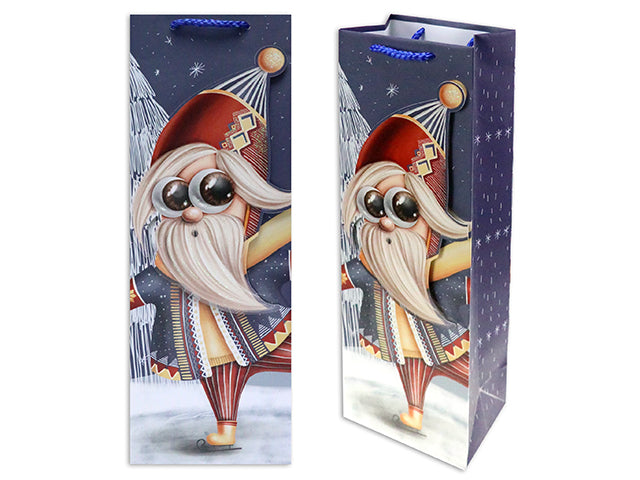 Christmas Matte Skating Gnome Bottle Gift Bag With Glitter