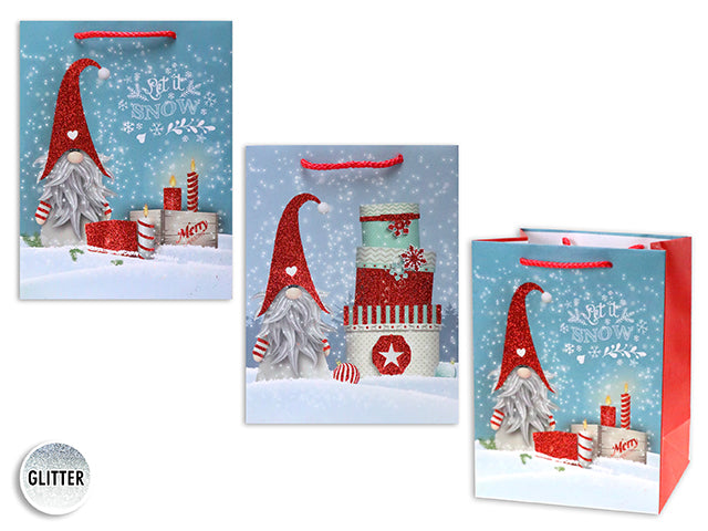 Christmas Matte Snowy Gnome Medium Gift Bag With Glitter