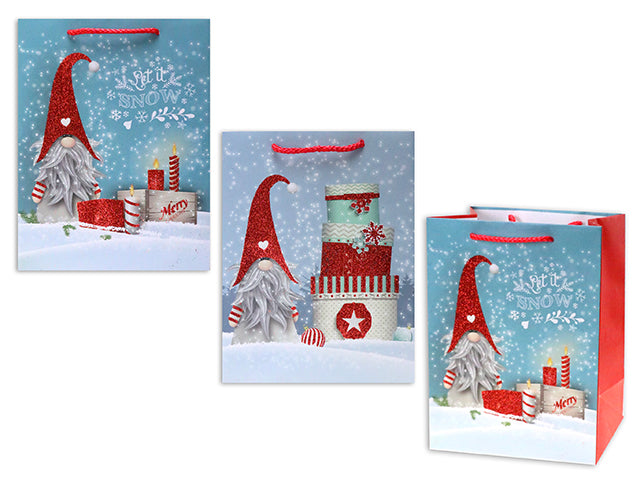 Christmas Matte Snowy Gnome Medium Gift Bag With Glitter