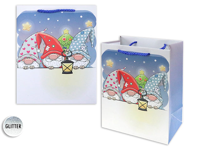 Christmas Matte Cartoon Gnome Medium Gift Bag With Glitter