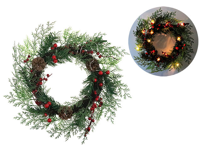 15In Xmas B/O 13-Led Pine Wreath W/Pine Cones + Berries. Warm White. Cht.