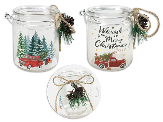 Christmas Truck Crackle Glass Candle Holder