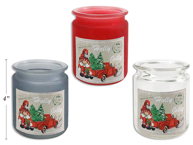 4In Xmas Gnome Frosted Glass Candle Holder W/Glitter. 3 Cols: Red / Clear / Charcoal.