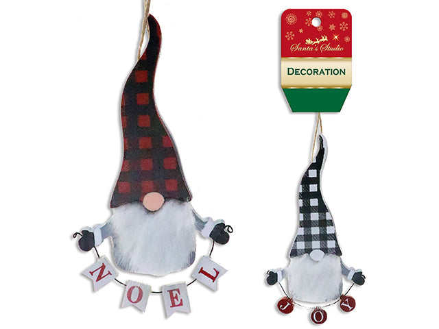 5In Buffalo Plaid Xmas Gnome W/Banner Mdf Ornament. 2 Asst.Styles. Cht.