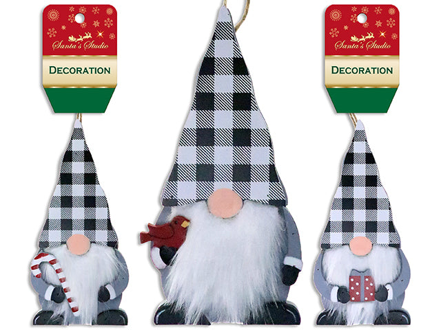 6in Buffalo Plaid Xmas Gnome MDF Ornament - 2 Asst: Black+White / Red+Black. Cht.