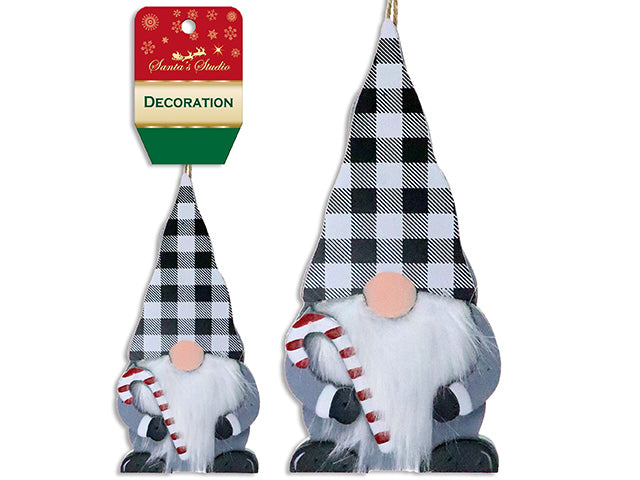 6in Buffalo Plaid Xmas Gnome MDF Ornament - 2 Asst: Black+White / Red+Black. Cht.