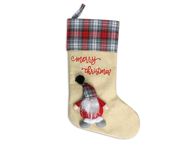 20In Xmas Jute Stocking With Farmhouse Plaid 3-D Gnome & Fold-Over Cuff. J-Hook + Cht.