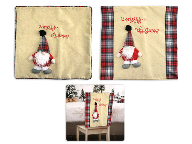 19.25In X 18-1/8In Xmas Jute Chair Cover W/ Farmhouse Plaid 3-D Gnome & Border. H/C.