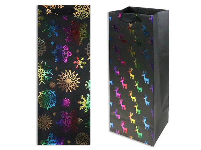 Christmas Matte Holographic Bottle Gift Bag With Foil