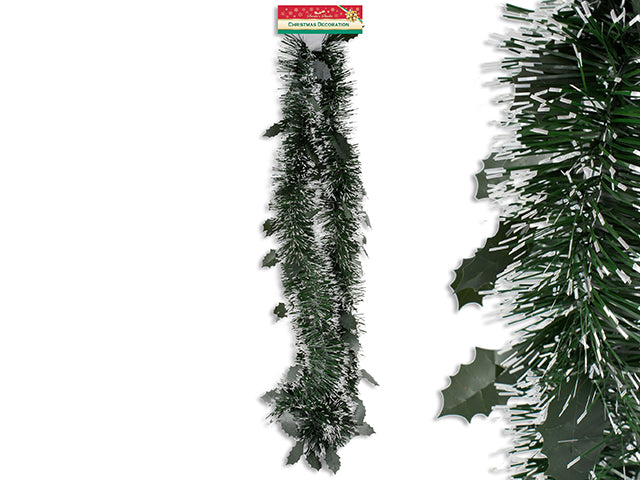 6.5Ft X 3Ply Xmas Snow Tipped Pine Garland W/Matte Holly Leaves. 3In Tips. H/C.