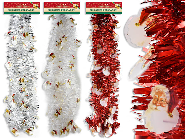 6.5Ft X 3Ply Xmas Tinsel Garland W/Die-Cut Printed Santa. 3In Tips. 3 Asst.Colours. H/C.