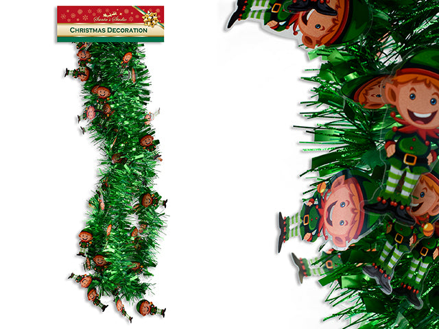 6.5Ft X 3Ply Xmas Tinsel Chunky Garland W/Die-Cut Printed Elf. 3In Tips. H/C.