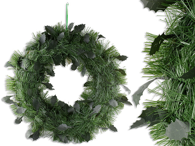 15.7In Xmas Matte Die-Cut Holly Leaves Pine Wreath Cht.