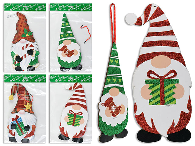 14-1/8in Xmas Gnome Glitter Hanging Foam Plaque. 4 Asst.Styles. Cht.