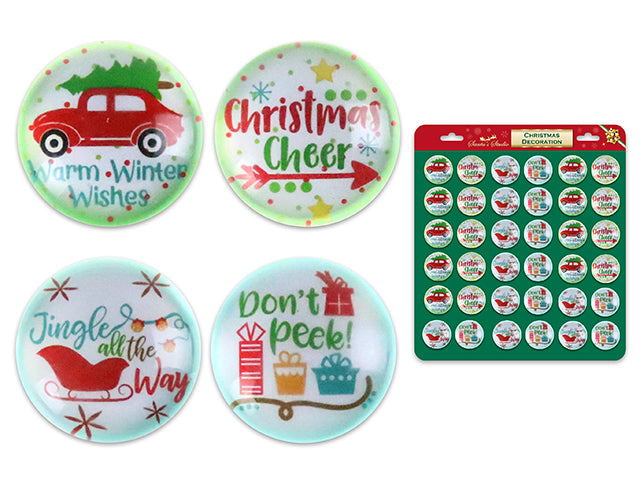 1-1/3in(D) Xmas Round Glass Magnet. 4 Asst.Styles. 36/Metal Dsp.