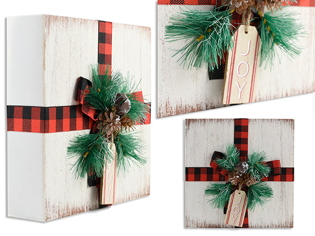 7-7/8In Xmas Square Mdf Box Decor W/Buffalo Plaid Ribbon + Leaves + Pinecone. Cht.