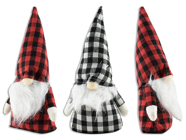 9.5In X 5In Xmas Buffalo Plaid Plush Gnome W/Fur Beard. 2 Asst.Colours. Cht.