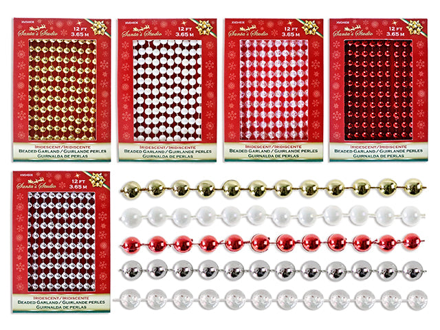12ft Xmas Iridescent Beaded Garland. 6-White / 6-Transparent/ 4-Red/ 4-Gold/ 4-Silver). Col Box.