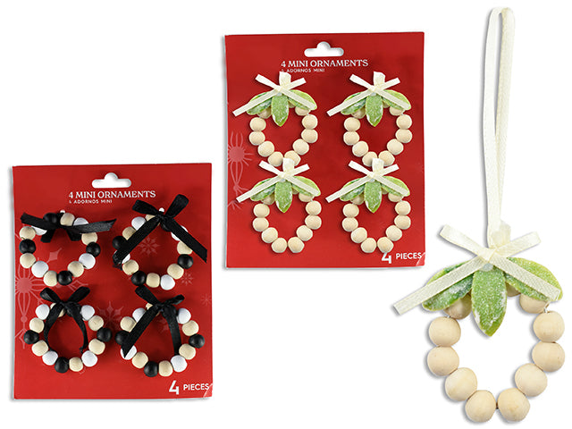 4Pk Xmas Beaded Wreath Ornament W/ Ribbon Bow. 2 Asst.Styles. T.O.C.