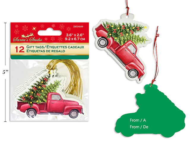12pk 3-5/8in x 2-5/8in Die-Cut Xmas Truck Gift Tags w/Red Tinsel String. pbh.