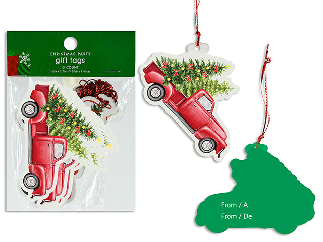 12pk 3-5/8in x 2-5/8in Die-Cut Xmas Truck Gift Tags w/Red Tinsel String. pbh.