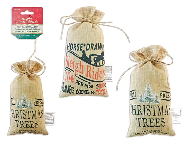 6In X 3.25In Xmas Printed Giftsack Ornament. Jute Hanger. 3 Asst.Styles. H/C.