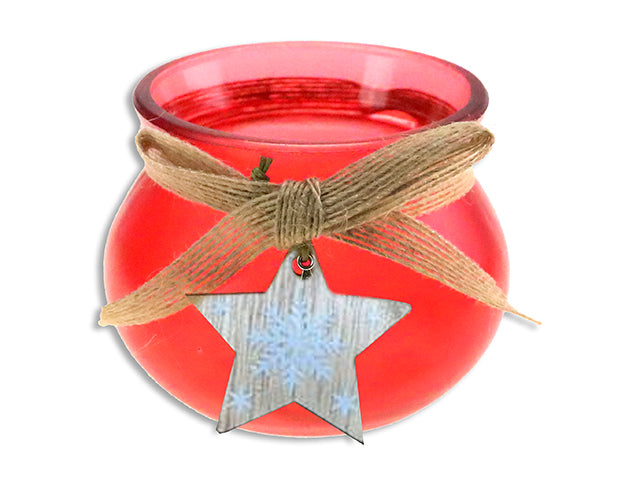 3.75In Xmas Frosted Glass Candle Holder W/ Wooden Toggle + Jute Ribbon.