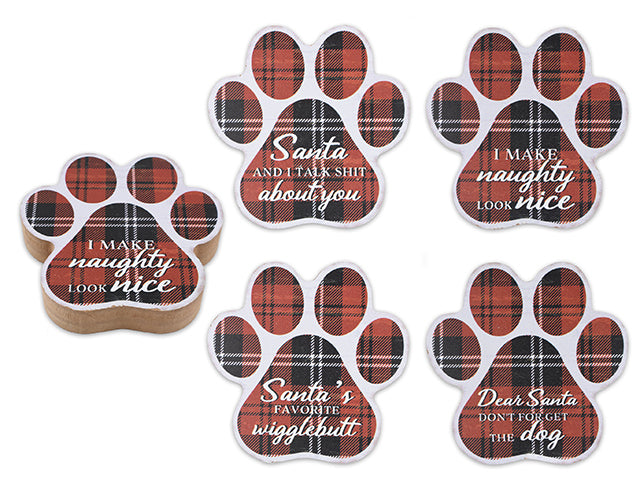 5in x 5in Xmas Tartan Plaid Die-Cut PAW MDF Block w/Saying. 4 Asst.Styles.