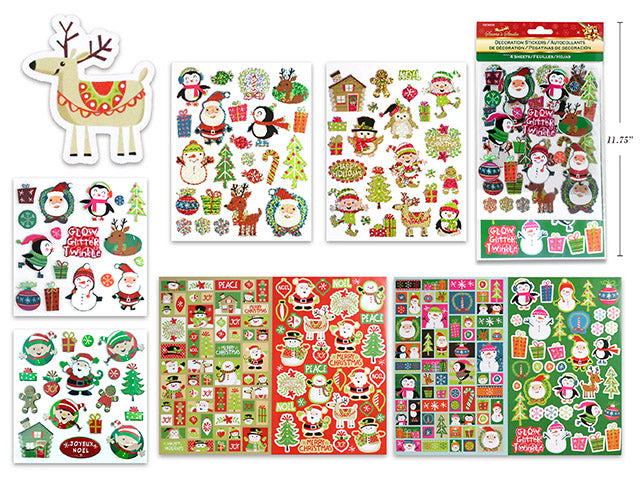 9-3/8in x 4.75in 3 Sheets Xmas Decoration Stickers 2 Asst.Styles. Polybag w/Insert.