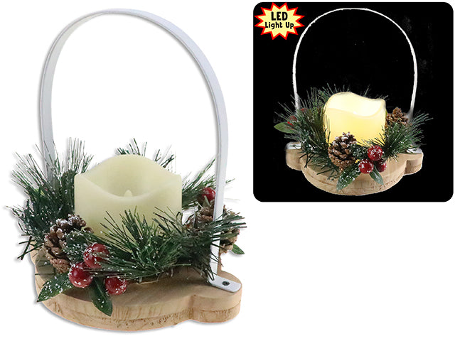 8.5in x 6.5in Xmas B/O LED Wooden Candle Holder w/Leave+Pinecone+Berries & Metal Handle. Cht.