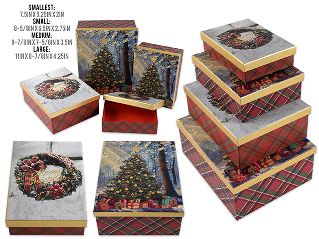 Set/4 Xmas Matte Printed Rectanglar Gift Boxes w/ Hotstamping.