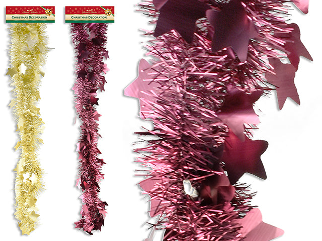 6.5Ft X 5Ply Xmas Matte Tinsel Chunky Garland W/ Die-Cut Star. 4In Tips. 4 Asst.Colours. H/C.