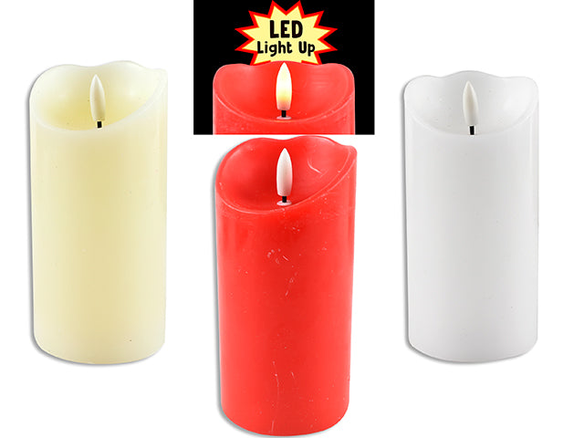 5-7/8/In(H) X 3In(D) Xmas B/O Led Flickering Wax Candle W/Warm White Bullet Flame. 3 Asst.Colours.