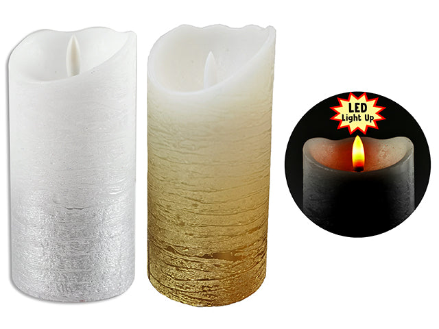 5-7/8/In(H) X 3In(D) Xmas B/O Led 2-Tone Mettalic Engraved Wax Candle. 4 Asst.Cols.