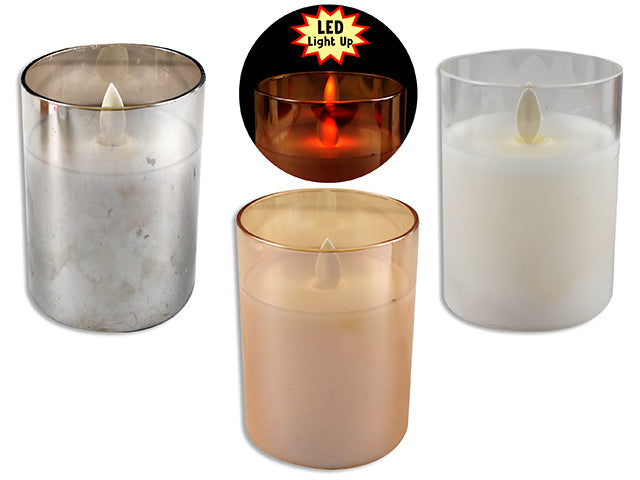 4In(H) X 3In(D) Xmas B/O Led Wax Filled Glass Candle W/Warm White Shaking Flame. 3 Asst.Colours.