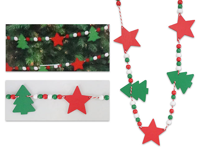 6Ft Xmas 3-Tone Beaded Garland W/Die-Cut Xmas Tree + Red Star. Cht.