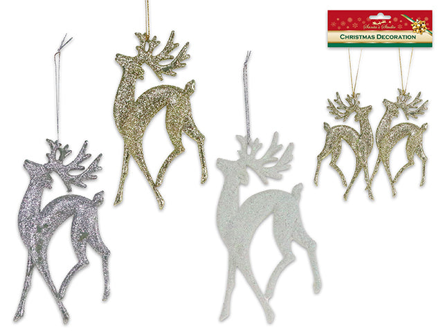 2Pk 5-7/8In X 3-3/8In Xmas Glitter Reindeer Ornament. 3 Asst.Colours. H/C.