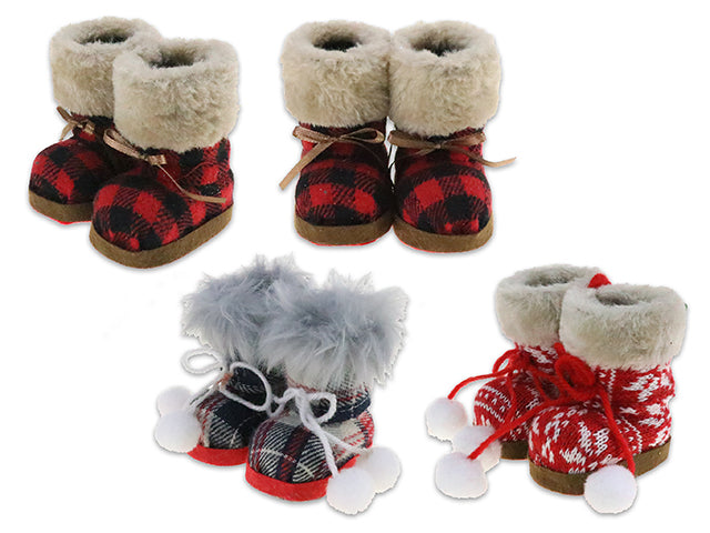 3-1/8In X 2.75In Xmas Knitted Boots Ornament W/Fur Trim + Pom Pom. 3 Asst.Colours. H/C.