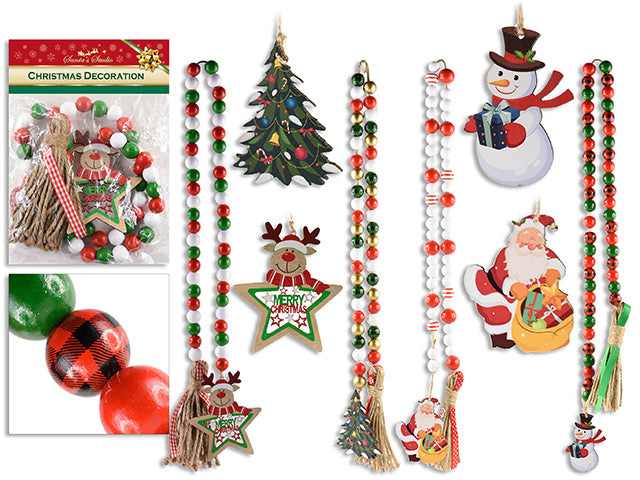 35-3/8In Xmas Wooden Beaded Garland W/Jute Tassel. 3 Asst.Styles. Pbh.